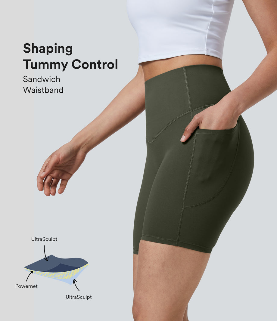 Halara UltraSculpt™ High Waisted Tummy Control Pocket Shaping Training Biker Shorts 7'' - Deep Woodland Green
