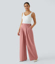 High Waisted Pocket Wide Leg Flowy Solid Palazzo Casual Linen-Feel Pants - Rosette