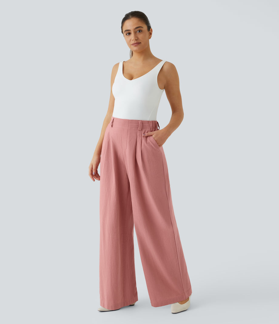 High Waisted Pocket Wide Leg Flowy Solid Palazzo Casual Linen-Feel Pants - Rosette