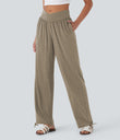 Crossover High Waisted Pocket Drawstring Casual Joggers - Khaki Floral Yarn