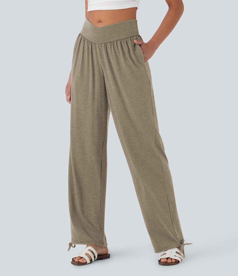 Crossover High Waisted Pocket Drawstring Casual Joggers - Khaki Floral Yarn