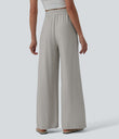 High Waisted Drawstring Wide Leg Casual Linen-Blend Pants with Pockets - Quarry