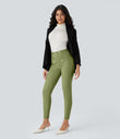 High Waisted Tummy Control Decorative Back Zipper Pockets Herringbone Work Leggings - Iguana