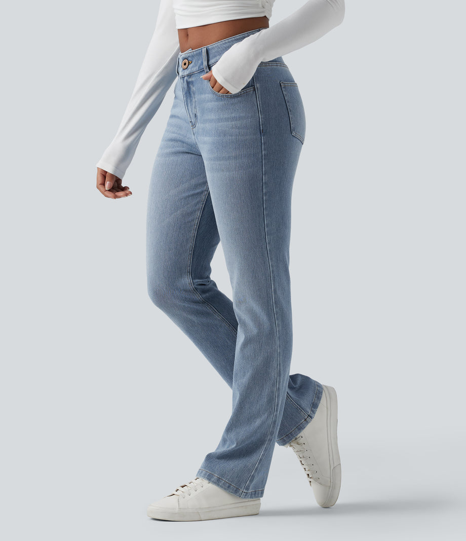 Halara Flex™ Low Rise Zipper Pockets Washed Casual Bootcut Jeans - Sea Blue Denim