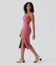 Ruched Lace Up Bodycon Midi Casual Dress - Begonia Rouge