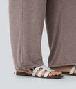 Crossover High Waisted Pocket Drawstring Casual Joggers - Deep Tea Brown Floral Yarn