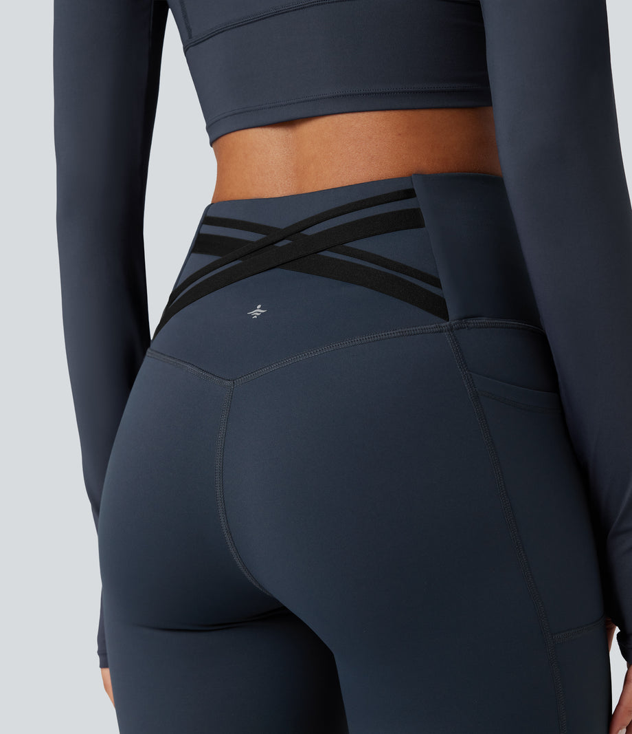 Halara Ultrasculpt™ Heat High Waisted Tummy Control Crossover Back Fleece Running Leggings with Pockets - Blueberry