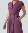 Breezeful™ V Neck Short Sleeve Pocket Tie Back Quick Dry Midi Casual Dress - Amaranth
