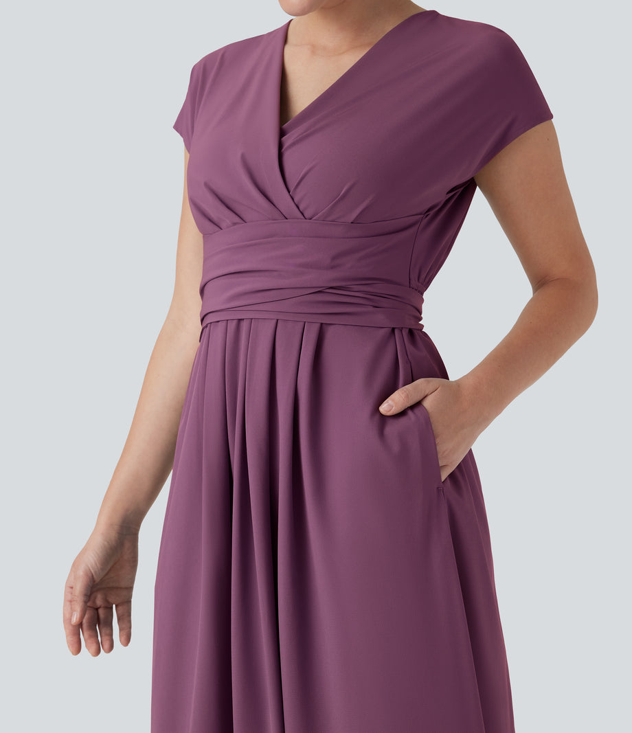 Breezeful™ V Neck Short Sleeve Pocket Tie Back Quick Dry Midi Casual Dress - Amaranth