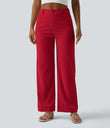 High Waisted Straight Leg Casual Linen-Feel Pants with Pockets - Cinnabar Glow Red