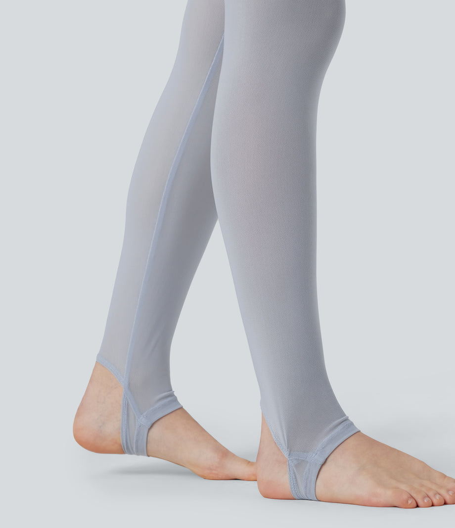 Breezeful™ High Waisted Pleated 2-in-1 Contrast Mesh Quick Dry Dance Stirrup Skirted Leggings with Pockets - Ballad Blue