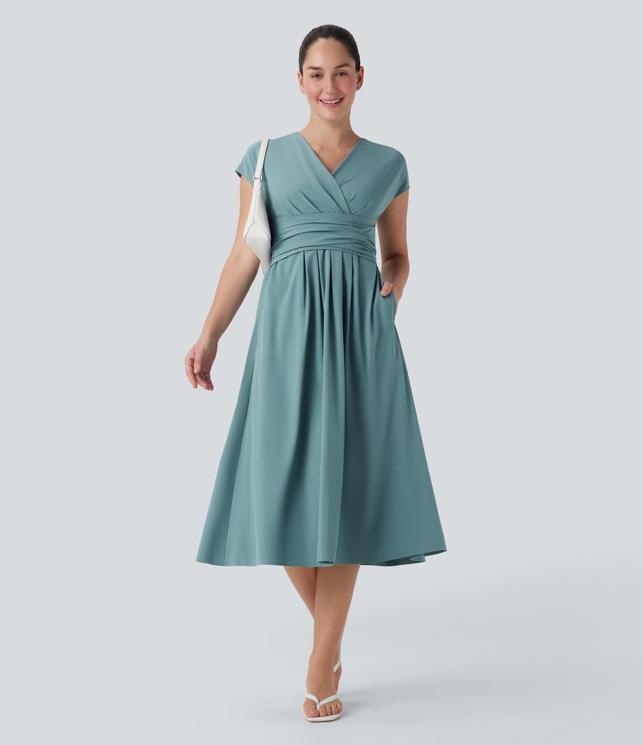 Breezeful™ V Neck Short Sleeve Pocket Tie Back Quick Dry Midi Casual Dress - Stone Blue