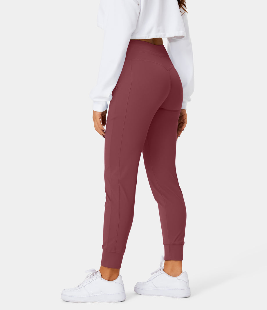 SoftlyZero™ Plush High Waisted Drawstring Pocket Plain Full Length Joggers - Red Violet
