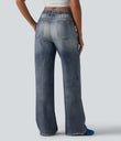 Mid Rise Denim Print French Terry Casual Sweatpants Jeans with Pockets - Washed Indigo Blue