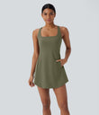SoftlyZero™ Plush Cut Out Pocket 2-Piece Mini Yoga Active Dress - Grass Grey Green