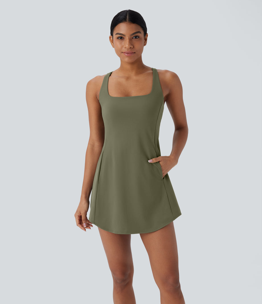 SoftlyZero™ Plush Cut Out Pocket 2-Piece Mini Yoga Active Dress - Grass Grey Green