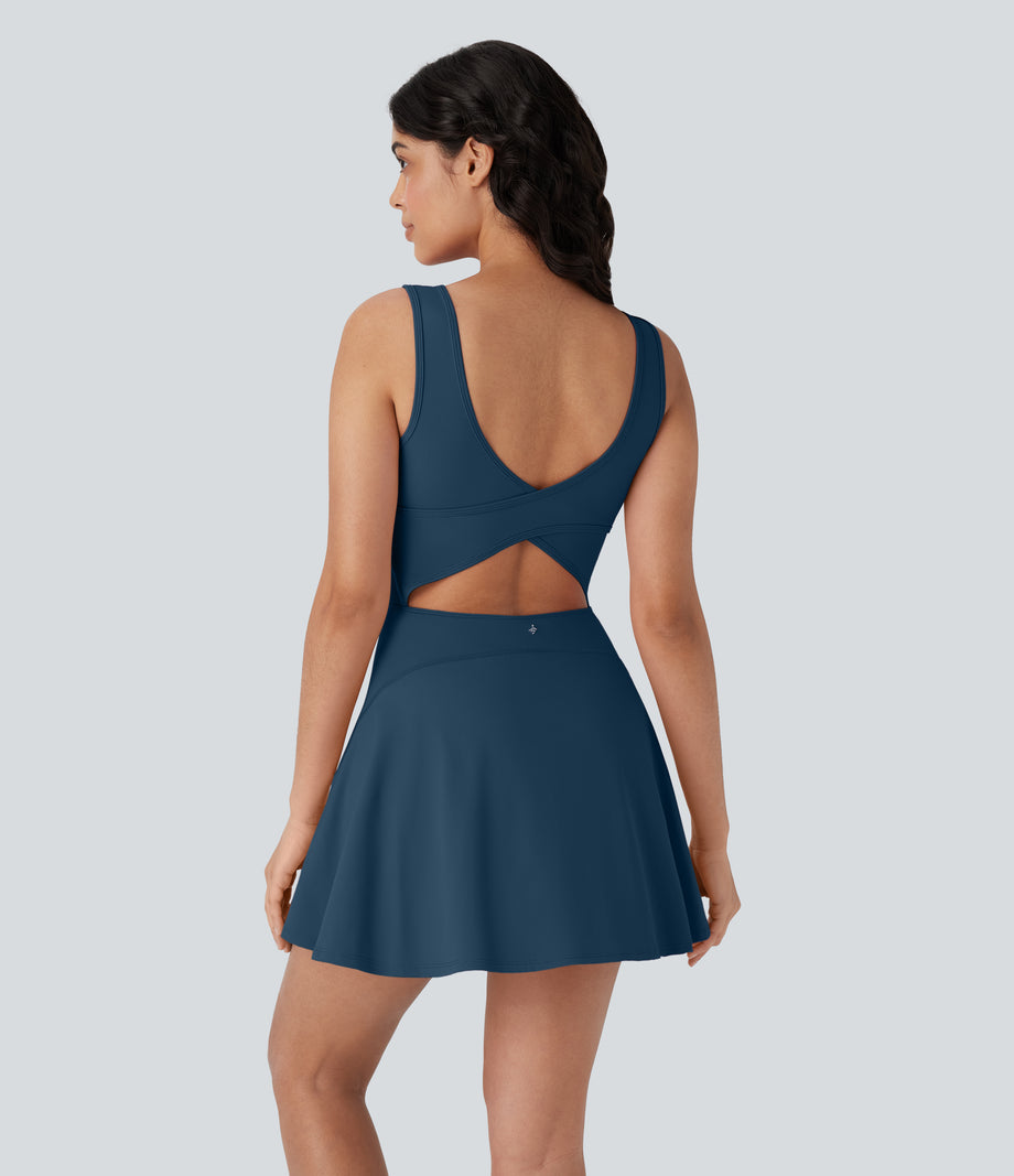SoftlyZero™ Airy U Neck 2-in-1 Pocket Mini Cool Touch Dance Active Dress - Majolica Blue