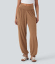 Crossover High Waisted Pocket Drawstring Casual Joggers - Pumpkin Orange Floral Yarn
