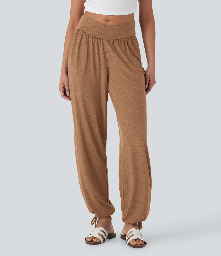 Crossover High Waisted Pocket Drawstring Casual Joggers - Pumpkin Orange Floral Yarn