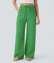 High Waisted Drawstring Pocket Wide Leg Baggy Casual Linen-Feel Pants - Kelly Green