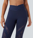 SoftlyZero™ High Waisted Crossover Pocket Contrast Lace Flare Yoga Leggings - Peacoat