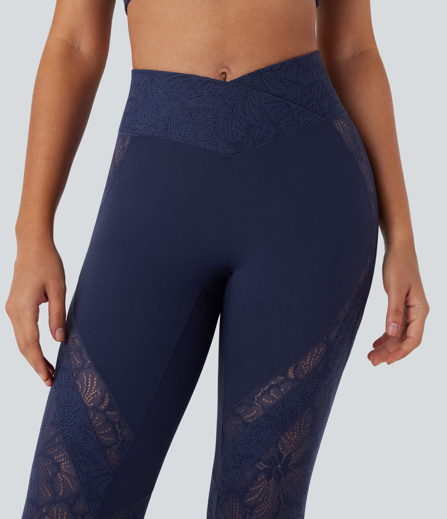 SoftlyZero™ High Waisted Crossover Pocket Contrast Lace Flare Yoga Leggings - Peacoat