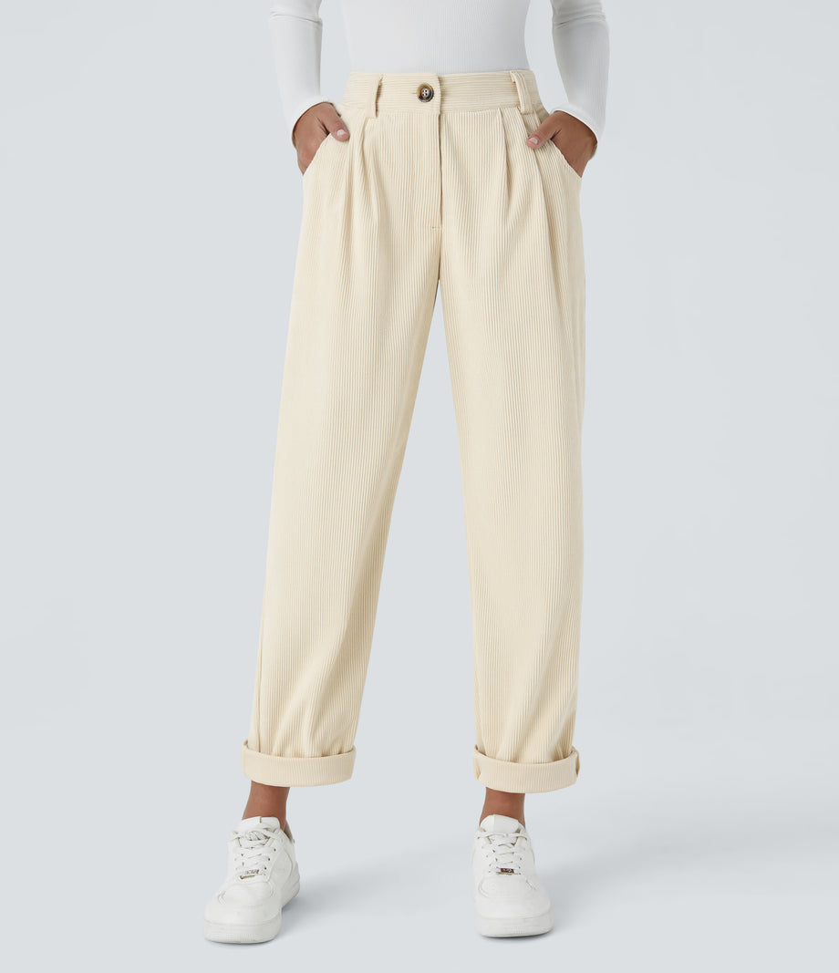 Mid Rise Zipper Pocket Corduroy Casual Pants - White Swan