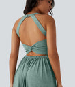 Twisted Backless Split Flowy Maxi Resort Dress with Pockets - Misty Pale Blue