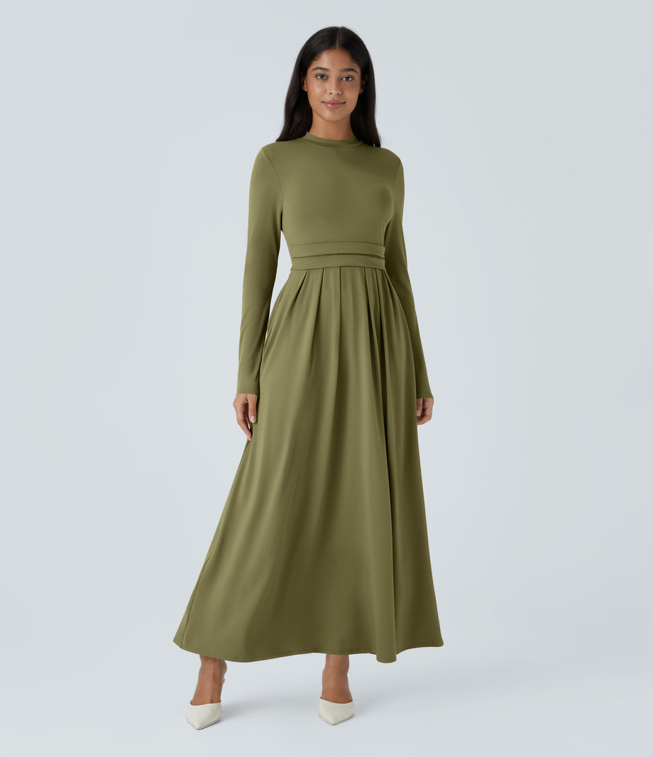 Mock-neck Long Sleeve Pocket Flare Maxi Casual Dress - Capulet Olive
