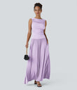 Ribbed Boat Neck Asymmetric Strap Ruched Pocket Flowy Maxi Casual Dress - Misty Purple