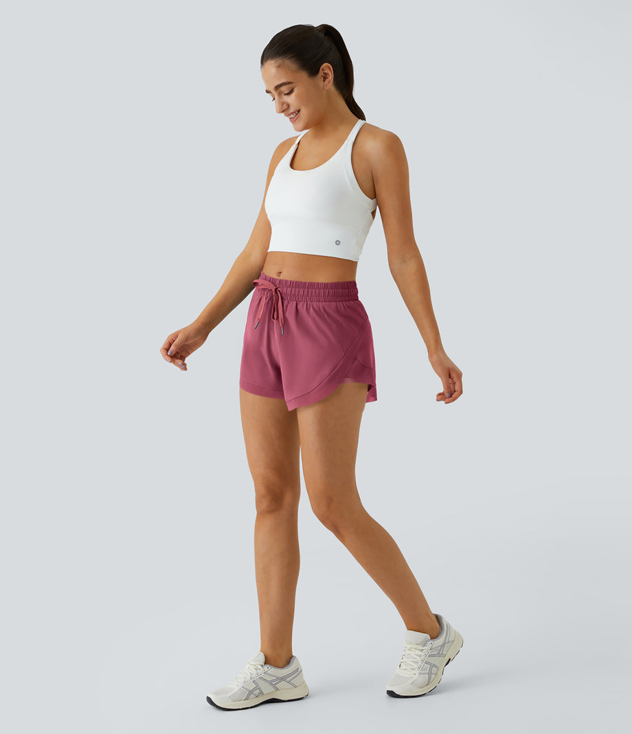 Mid Rise Drawstring Contrast Mesh 2-in-1 Flowy Running Shorts 3'' - Rose Wine