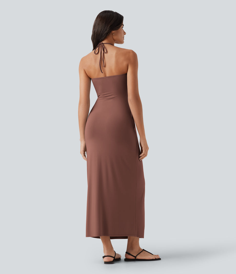 Halter Tie Back Maxi Dress with Pockets - Brick Dust