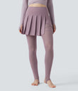 Breezeful™ High Waisted Pleated 2-in-1 Contrast Mesh Quick Dry Dance Stirrup Skirted Leggings with Pockets - Elderberry