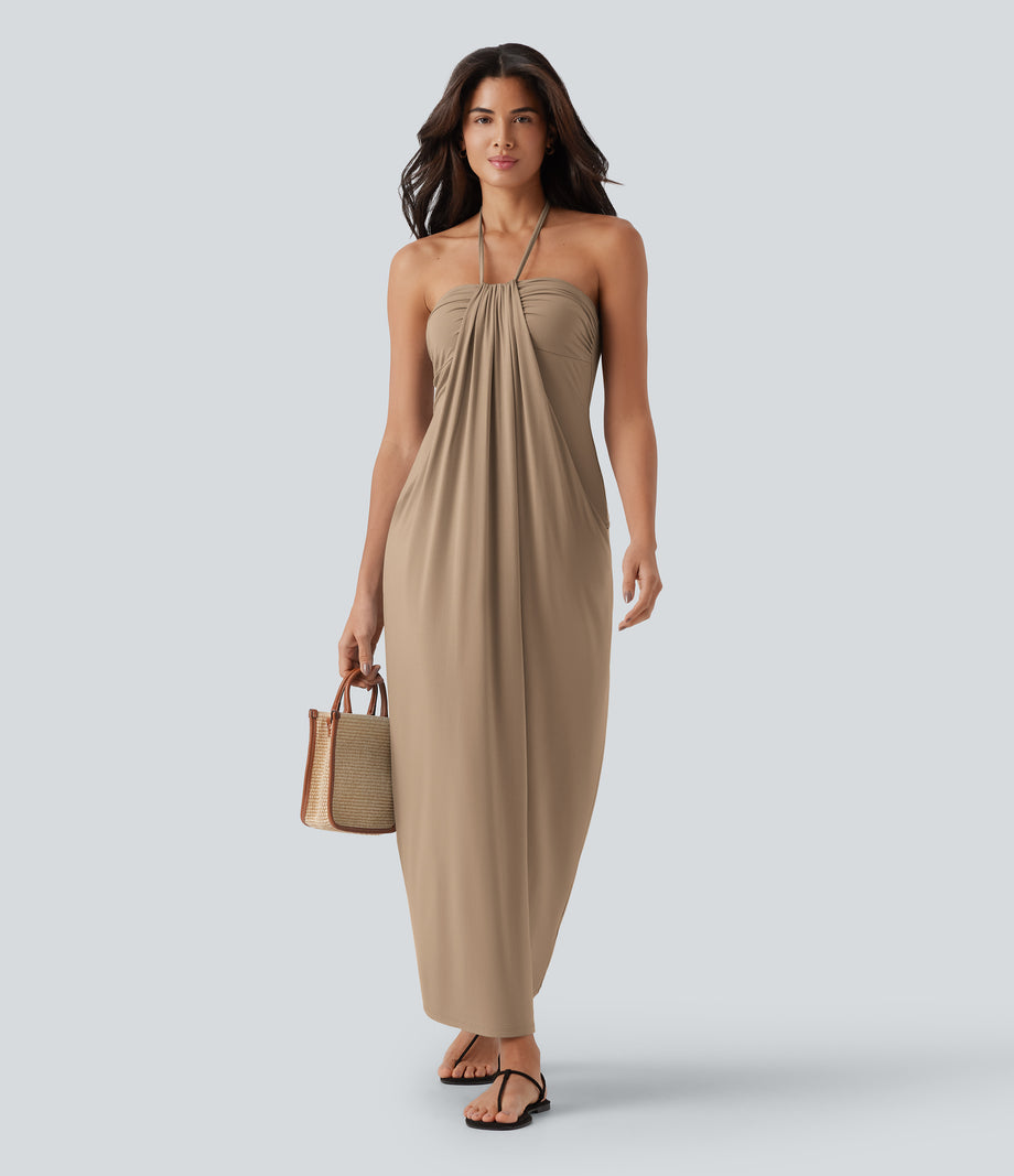 Halter Tie Back Maxi Dress with Pockets - Whisper White