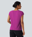 V Neck Short Sleeve Casual T-Shirt - Fuchsia Fedora