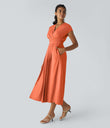 Breezeful™ V Neck Short Sleeve Pocket Tie Back Quick Dry Midi Casual Dress-Longer Length - Flamingo