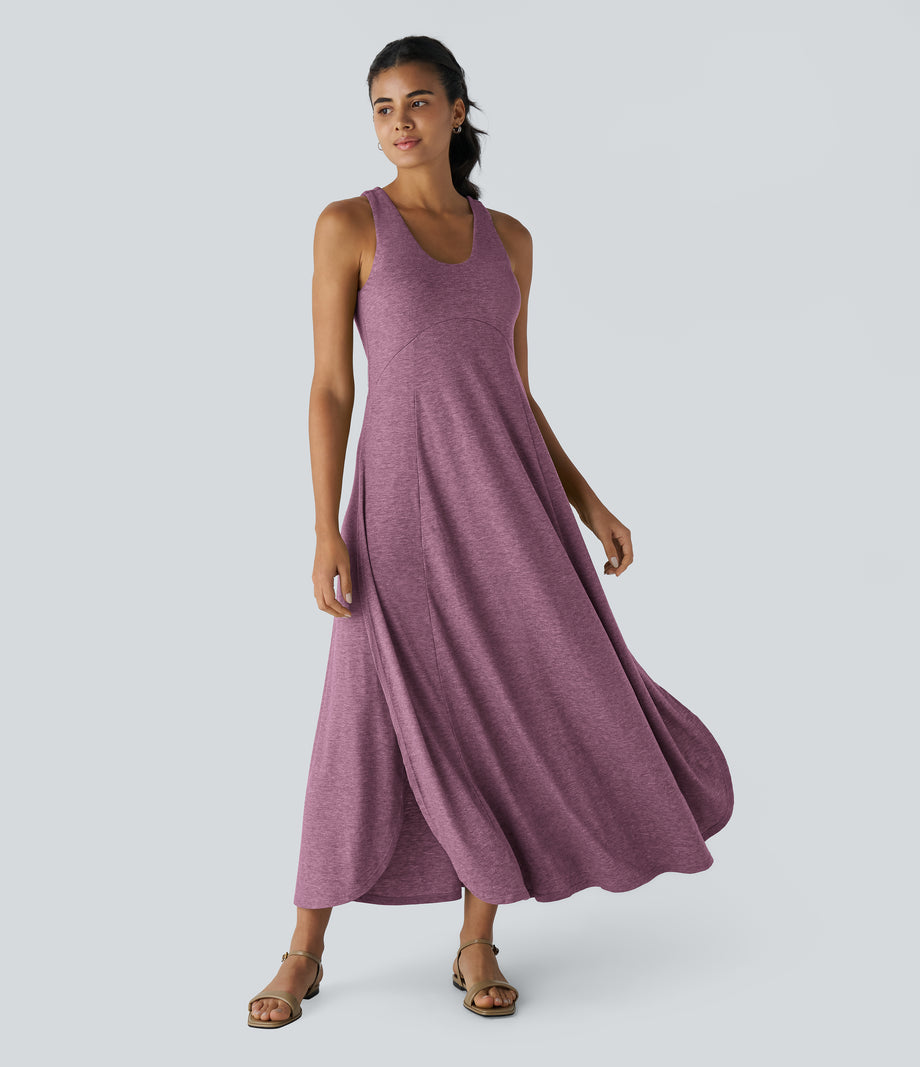 U Neck Flowy Maxi Casual Tank Dress - Red Violet Floral Yarn