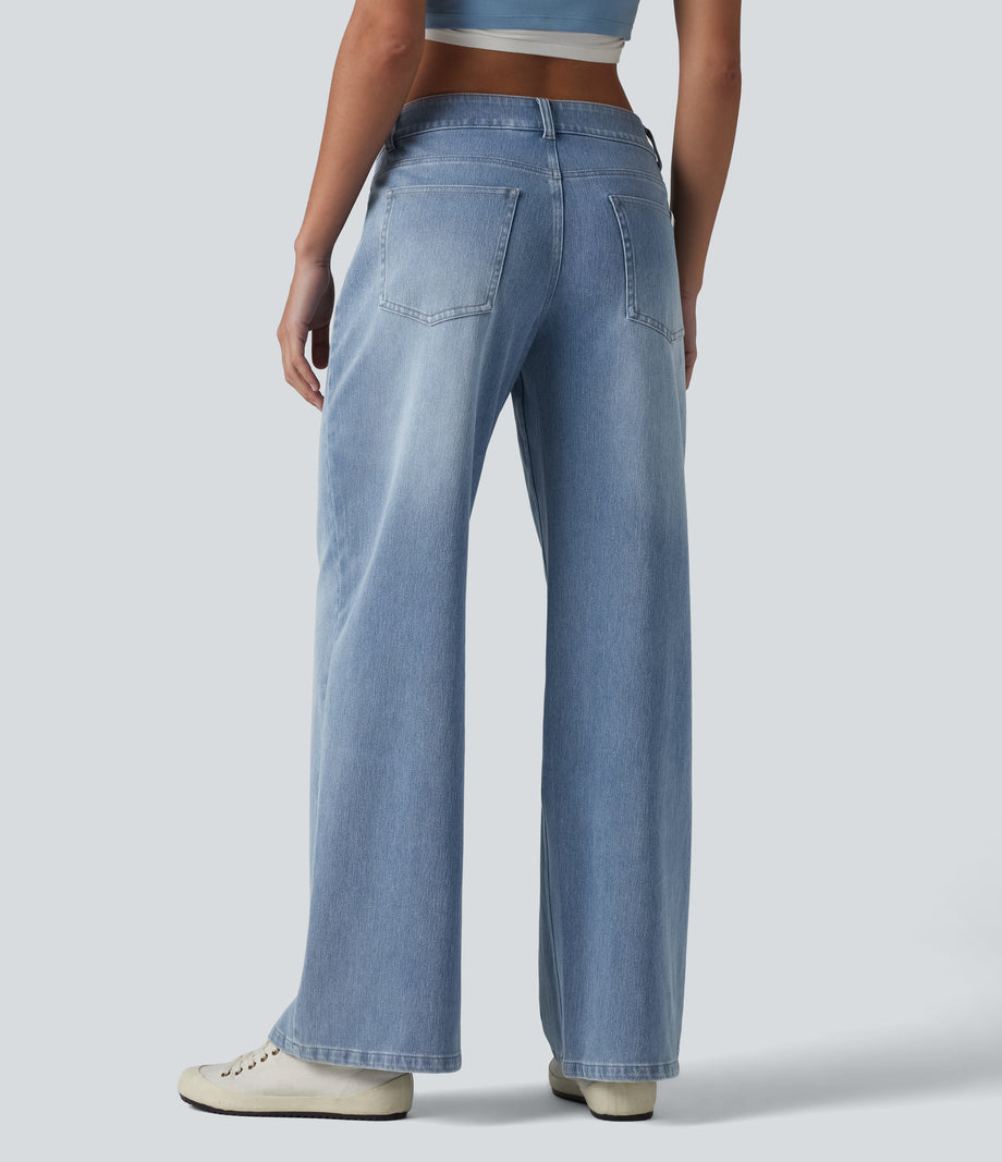 Halara Flex™ Low Rise Zipper Pockets Washed Baggy Wide Leg Casual Jeans - Light Blue – Glacier Light Blue
