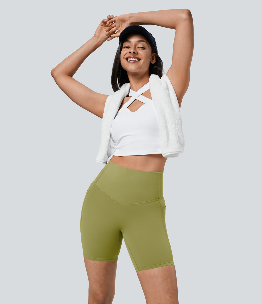 Halara UltraSculpt™ High Waisted Tummy Control Pocket Shaping Training Biker Shorts 7'' - Moss