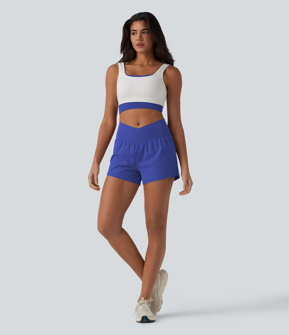 SoftlyZero™ Airy Crossover High Waisted 2-in-1 Cool Touch Yoga Shorts 3'' with Pockets - Aster Blue