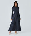 Mock-neck Long Sleeve Pocket Flare Maxi Casual Dress - Dark Sapphire