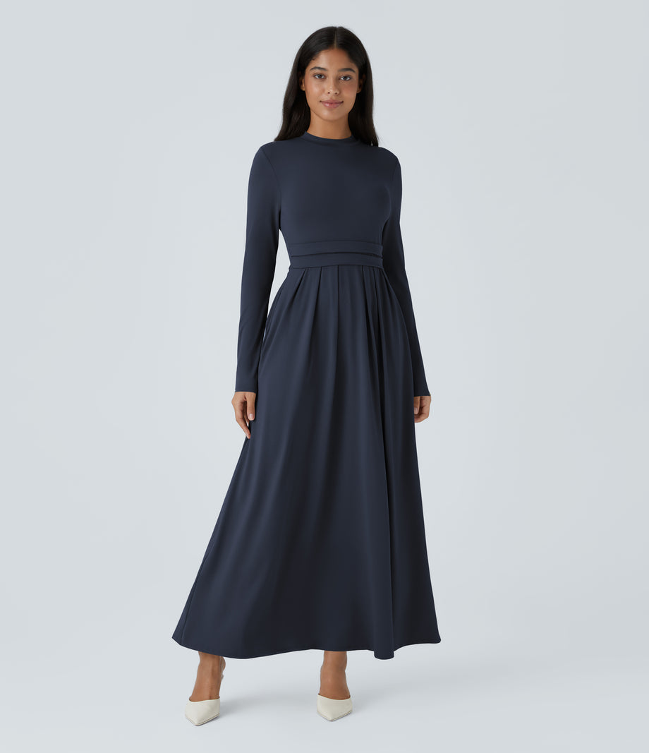 Mock-neck Long Sleeve Pocket Flare Maxi Casual Dress - Dark Sapphire
