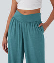 Crossover High Waisted Pocket Drawstring Casual Joggers - Stone Green Floral Yarn