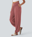 Crossover High Waisted Pocket Drawstring Casual Joggers - Brick Red Mix