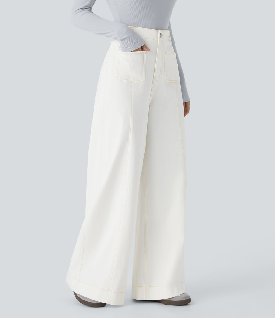 Halara Flex™ High Waisted Pockets Washed Casual Wide Leg Jeans - Beige Denim
