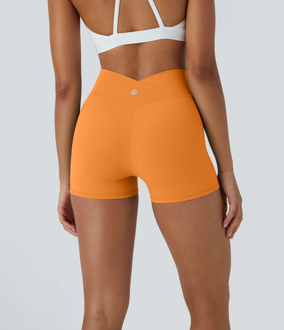SoftlyZero™ High Waisted Crossover Plain Yoga Biker Shorts 3''-UPF50+ - Sunshine Orange