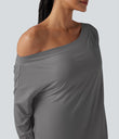 One Shoulder Long Sleeve Thumb Hole Curved Hem High Low Quick Dry Yoga Sports Top-Built-in Bra - Steel Gray