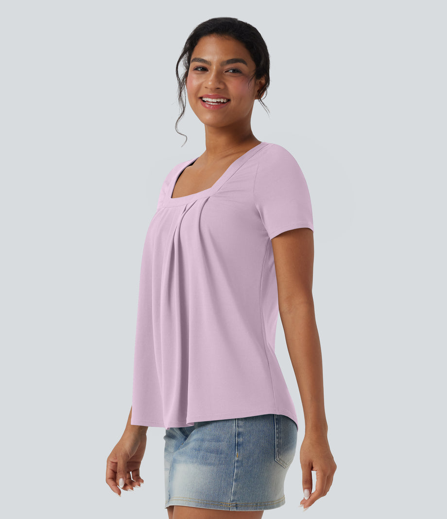 Square Neck Short Sleeve Casual Top - Orchid Ice