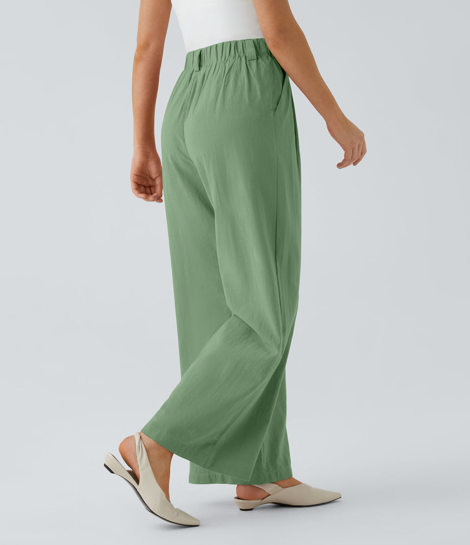 High Waisted Pocket Wide Leg Flowy Solid Palazzo Casual Linen-Feel Pants - Kashmir