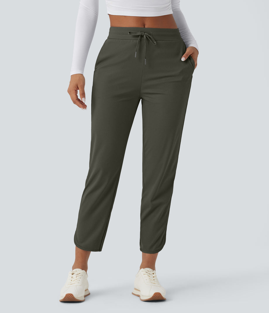 Mid Rise Drawstring Curved Hem Quick Dry Golf Tapered Pants with Pockets-UPF40+ - Forest Night